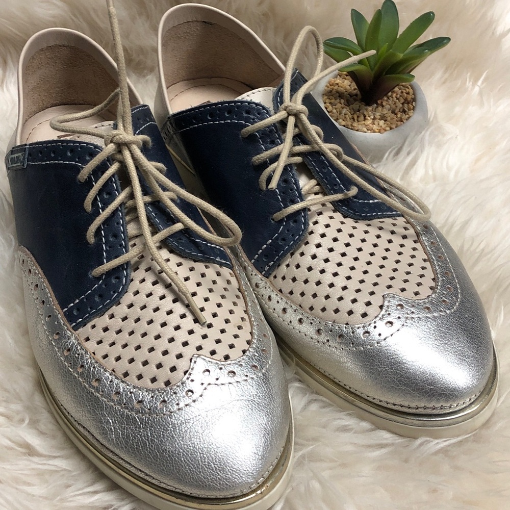 Pikolino SANTORINI CalfskinLeather LaceUp SHOES Navy Metallic Tan Morocco EUC